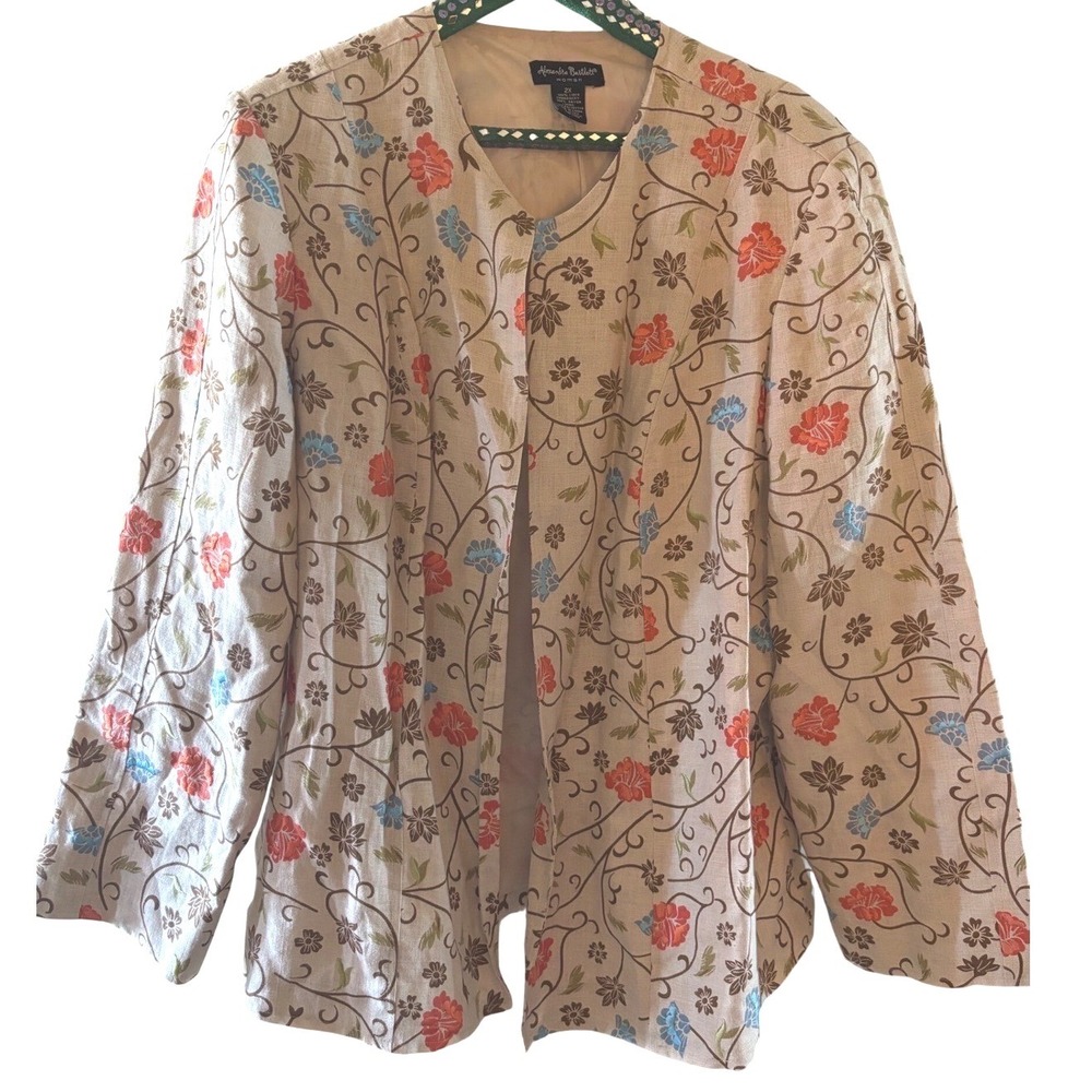 Alexandra Bartlett Woman Embroidered Linen Blazer Floral Open Front Jacket